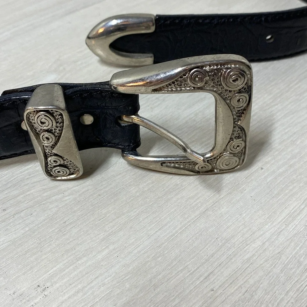 Manni Black Leather Western Concho Belt Made in Italy Silver Engraved Hardware